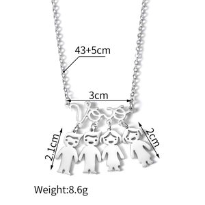 Detail of stainless steel family necklace showing Love pendant with boy and girl charms
