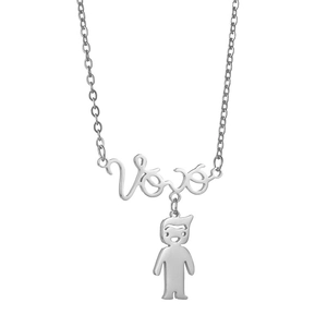 Detailed silver stainless steel Vovô pendant necklace featuring a small boy charm