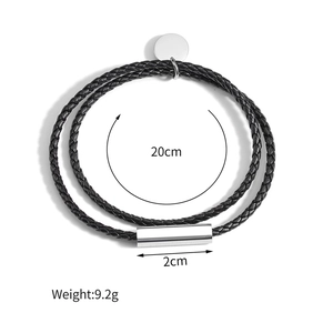 Pulsera de cuero PU trenzado negro de doble capa con cierre cilíndrico de acero inoxidable