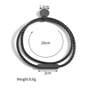 Double-layered braided black leather bracelet with 1.2cm round disc and 20cm perimeter