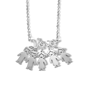 Detail of silver Vovó necklace showing five boy and girl charms with Love engraving