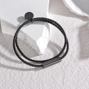 Double-wrap black woven PU leather bracelet with matte black metal charms and magnetic clasp