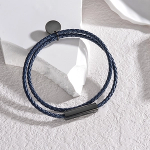 Navy blue double-layered braided PU leather bracelet with black magnetic metal clasp
