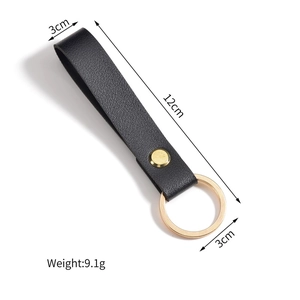 Minimalist DIY black lychee grain PU leather keychain with gold ring and decorative snap button