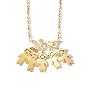 Detailed view of a gold Love necklace featuring five charming boy and girl child charms