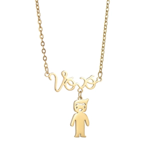 Detail of gold Vovó necklace featuring a delicate boy charm and polished cable chain