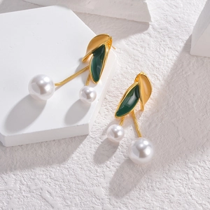 French vintage gold leaf drop earrings with white pearls and long snake chain tassels