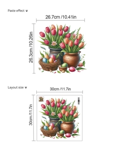 Detailansicht der Oster-Tulpen-Wandaufkleber mit Layout-Größe und bunten Eier-Mustern