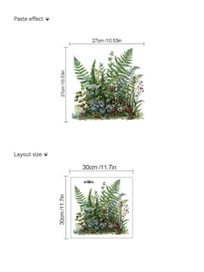 Vue détaillée des stickers muraux plantes vertes avec mise en page 30x30cm et effet final