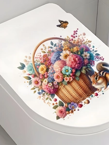 Detail of floral basket wall sticker with a squirrel and butterfly on a white background