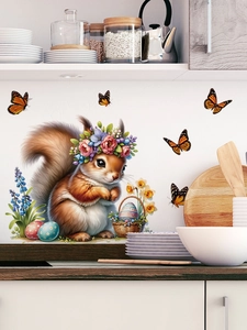 Detalle de vinilo decorativo de Pascua con ardilla ilustrada, corona de flores y huevos