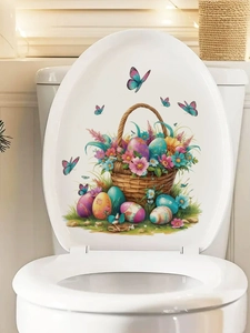 Detalle del adhesivo de cesta de Pascua con huevos de colores y mariposas en la tapa