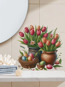 Detailansicht der Oster-Tulpen-Wandaufkleber mit festlichen Eiern auf Badfliesen
