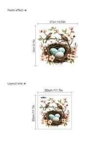 Detail of watercolor bird nest and flower branch wall decal with dimensions