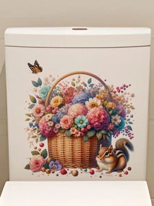 Detail of floral basket wall sticker with a squirrel on white background