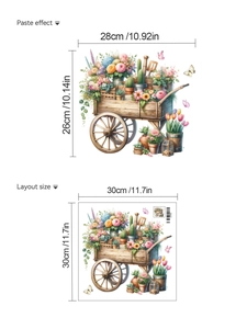 Floral garden cart wall sticker showing product dimensions and paste effect layout