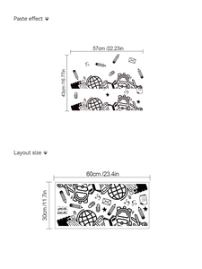 Detail showing classroom theme wall stickers with pencil and globe icons size 57x43cm