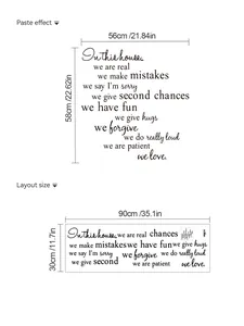 Size guide for self-adhesive PVC wall decals featuring black inspirational quotes