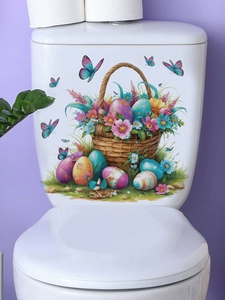 Detalle de pegatinas de Pascua con cesta de flores y huevos de colores en cisterna