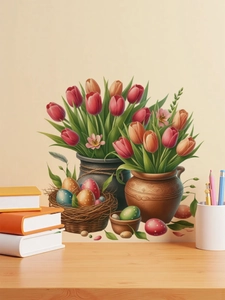 Detail der Oster-Tulpen Wandsticker mit bunten Eiern im Keramiktopf für die Dekoration