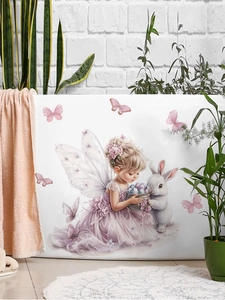 Detail of Easter fairy girl and bunny PVC wall decals applied on a white bathtub side
