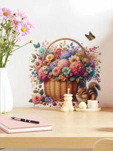 Detail of floral basket wall sticker with a squirrel and butterfly in home office setting