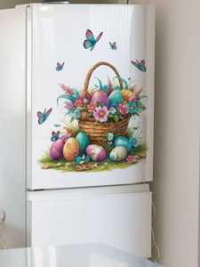 Detalle de pegatina de PVC para Pascua con cesta de huevos floreada en un frigorífico