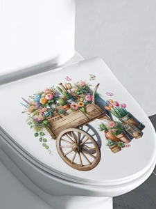 Detail of floral cart sticker with roses and sunflowers on a white toilet lid cover
