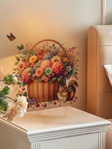 Detail of floral basket wall sticker with squirrel and butterfly in cozy bedroom scene