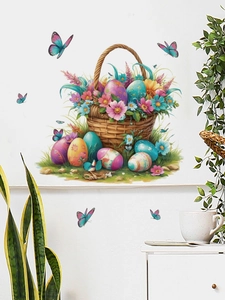 Detalle del vinilo decorativo de cesta de Pascua aplicado en una pared blanca de salón