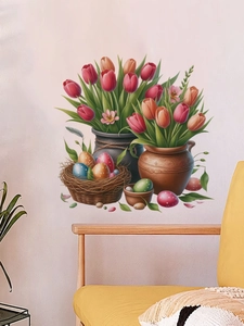 Wandaufkleber mit Retro-Tulpen und Ostereiern für Wohnzimmer im Vintage-Illustrationsstil