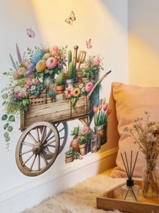 Detail of vintage flower cart wall sticker with butterflies in a cozy living room scene