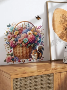 Detail of Easter flower basket wall sticker with chipmunk and butterflies on wood