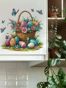 Vista detallada del adhesivo de pared cesta de Pascua sobre armario blanco con mariposas