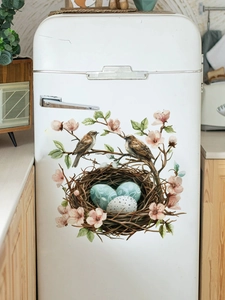 Easter floral branch bird nest wall sticker applied on a white vintage refrigerator