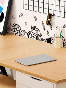 Minimalist black line wall sticker set with school supplies on office wall