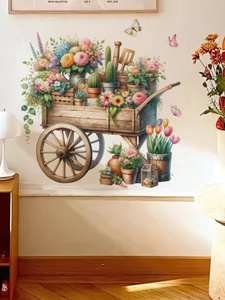 Detail of Easter wall sticker featuring a wooden flower cart with butterflies and tulips