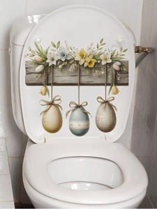 Close-up of Easter wall sticker featuring daffodils and eggs on a white toilet lid
