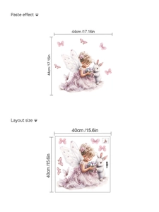 Detail showing dimensions of fairy and rabbit wall sticker set for Easter home decor