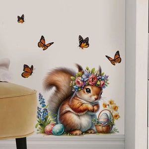 Vinilo decorativo de ardilla de Pascua con flores y mariposas para pared de hogar
