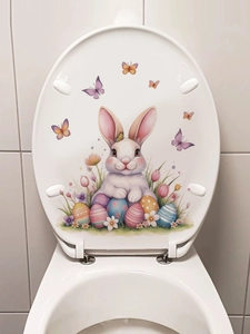 Detailed view of festive Easter bunny and colorful eggs pattern on toilet lid cover