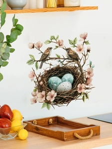 Watercolor Easter wall sticker showing birds on cherry branches with a bird nest and eggs