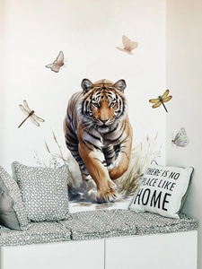Detailed realistic tiger wall decal with butterflies and dragonflies in a cozy living room