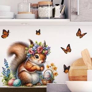 Pegatinas de pared de Pascua con ardilla, corona floral y huevos de colores