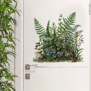 Sticker Mural Réaliste Feuille de Plante Verte PVC Étanche Auto-adhésif Style Forêt Décalcomanie Tropicale pour Toilette Salle de Bain Maison