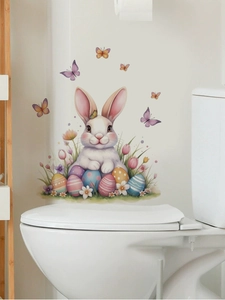 Detail of Easter bunny wall decals with colorful eggs and butterflies on a white bathroom wall