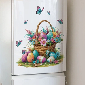 Adhesivo de Pared de Cesta de Flores de Huevo de Pascua PVC Impermeable Mariposas Floral para Hogar Refrigerador Sala de Estar