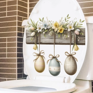 Easter Flowers Colorful Eggs Self Adhesive PVC Waterproof Wall Sticker For Bathroom Toilet Lid Rustic Home Decor Ornament