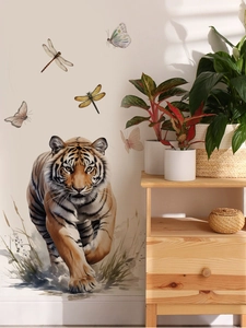 Detailed view of 3D tiger wall decal with flying butterflies in a home living room