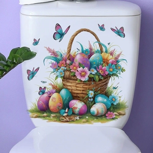 Pegatina de pared de Pascua en PVC con cesta de flores y huevos de colores decorativa